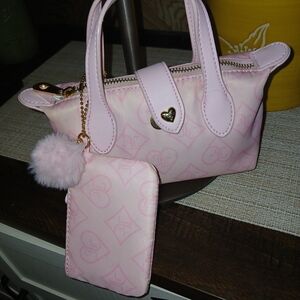 Mini Pink Heart-Accent Top-Handle Bag with Matching Pouch